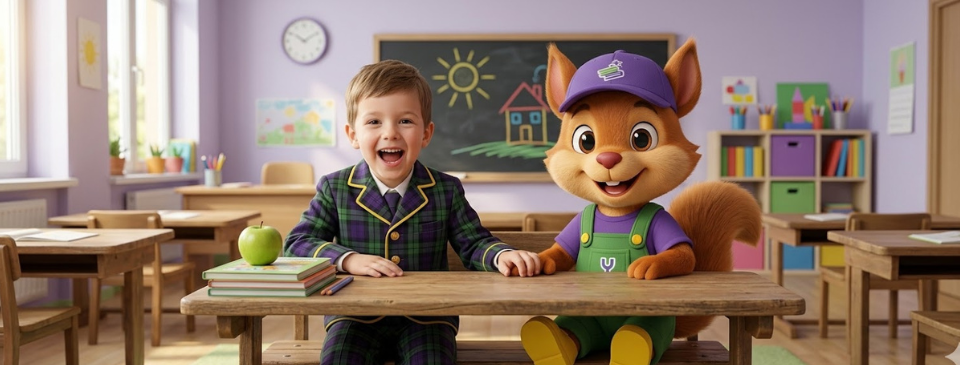 Vesel deček v šolski uniformi sedi v šolski klopi poleg maskote Yoopy