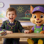 Vesel deček v šolski uniformi sedi v šolski klopi poleg maskote Yoopy